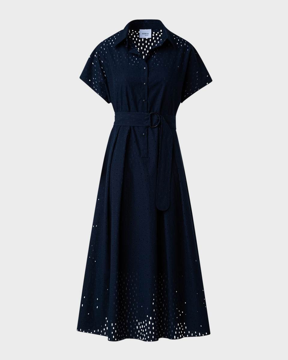 Lasercut Grid Cotton Poplin Dress with Belt